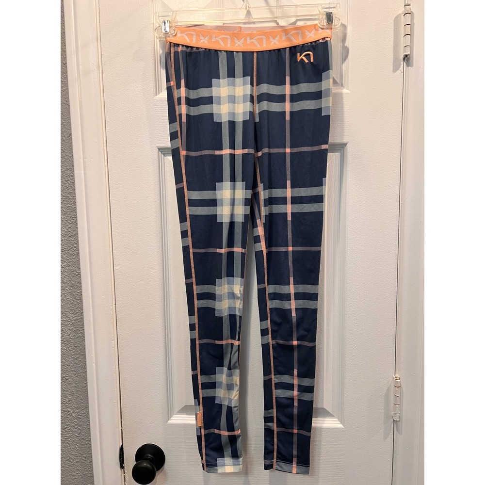 Kari Traa Women Plaid Base Layer Leggings Navy Blue Peach Athletic Tights Small
